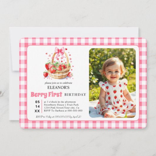Strawberries, pink bow Berry First Birtday photo Einladung (Vorderseite)