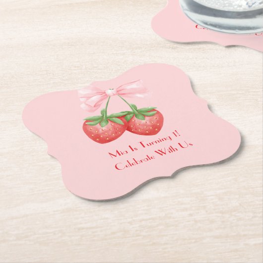 STRAWBERRIES PINK BOW BIRTHDAY UNTERSETZER (angewinkelt)