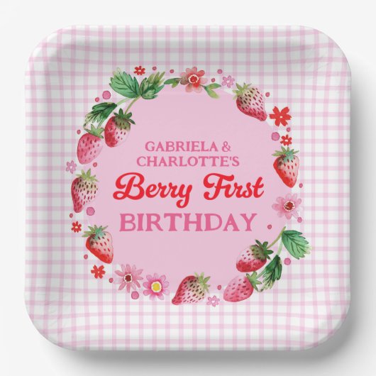 Strawberries Twin Sisters Joint Berry 1. Geburtsta Pappteller (Vorderseite)