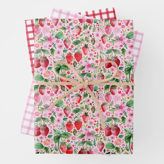 Strawberries und Rosa und Rot Gingham Geschenkpapier Set (Beispiel)