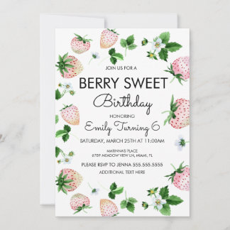 Strawberries White Pink Birthday Party Einladung