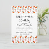 Strawberries White Pink Doodle Birthday Party Einladung (Stehend Vorderseite)