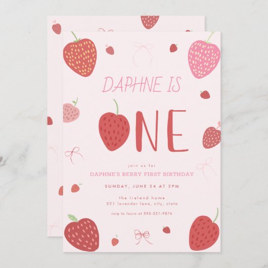 Strawberry 1. Berry Erster Geburtstag Einladung (Vorne/Hinten)
