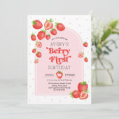 Strawberry 1. Geburtstag Berry Erstes Foto Party Einladung (Stehend Vorderseite)