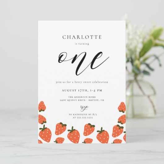 Strawberry 1. Geburtstag Einladung (Stehend Vorderseite)