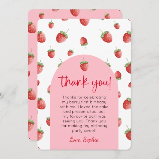 Strawberry 1. Geburtstag Foto Dankeschön Karte (Vorne/Hinten)