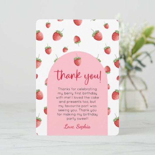 Strawberry 1. Geburtstag Foto Dankeschön Karte (Stehend Vorderseite)