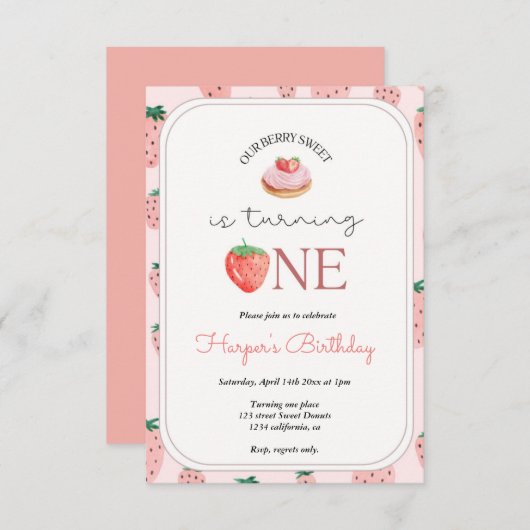 Strawberry 1. Geburtstag Party Berry First Einladung (Vorne/Hinten)