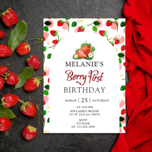 Strawberry 1. Geburtstag Party | Berry First Einladung