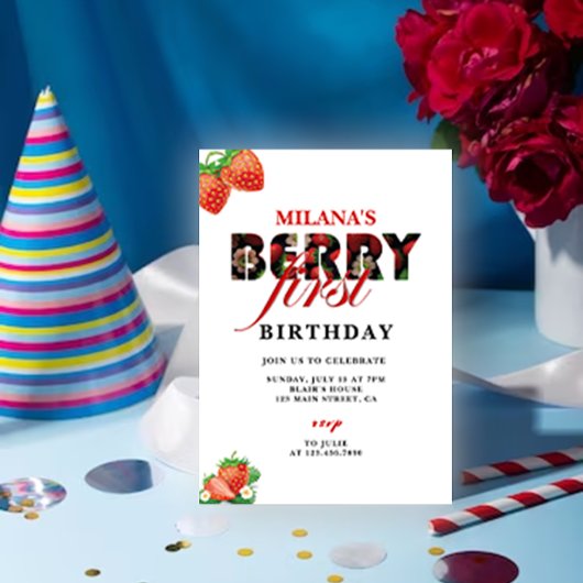 Strawberry 1. Geburtstag Party | Berry First Einladung