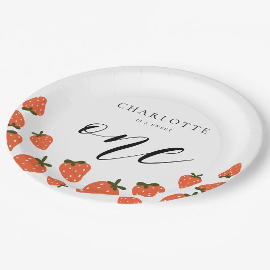 Strawberry 1. Geburtstag Party Pappteller (Schrägansicht)