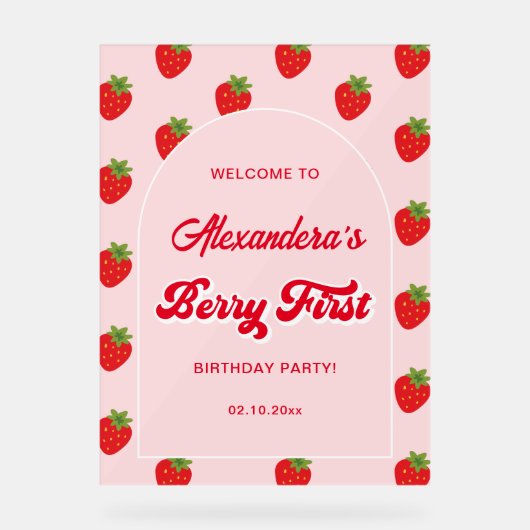 Strawberry 1. Geburtstag Party Willkommen Acrylschild (Vorderseite)