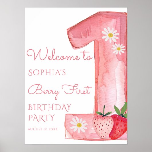 Strawberry 1. Geburtstag Party Willkommen Poster (Vorne)