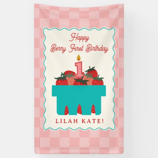 Strawberry 1. Geburtstag Schachbrett Banner (Vertikal)