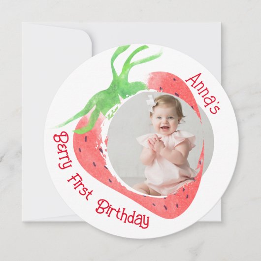Strawberry 1. Niedlich Berry Birthday Foto Einladung (Vorderseite)