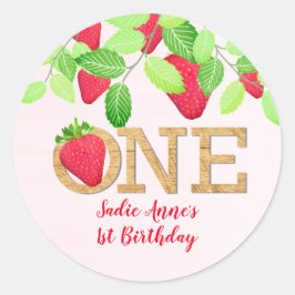 Strawberry 1st Birthday Girl Red Rustic Runder Aufkleber
