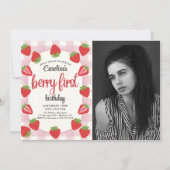 Strawberry 1st Birthday Party Berry First Photo Einladung (Vorderseite)