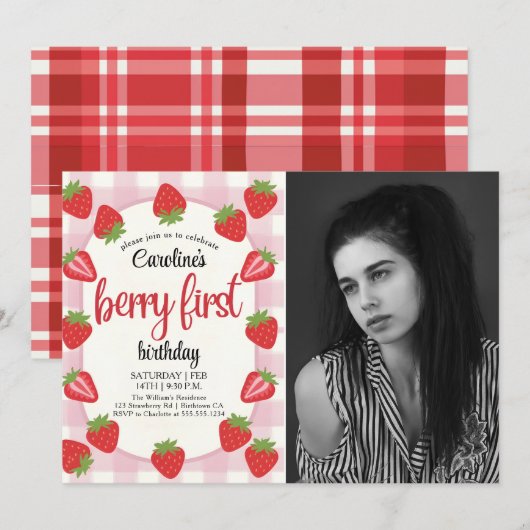 Strawberry 1st Birthday Party Berry First Photo Einladung (Vorne/Hinten)