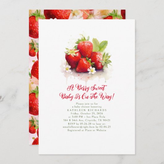 Strawberry A Berry Sweet Baby Girl Baby Dusche Einladung (Vorne/Hinten)