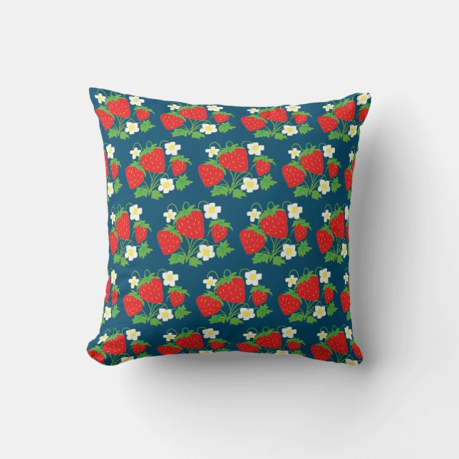 Strawberry and Flower Blue Pattern Kissen (Vorderseite)