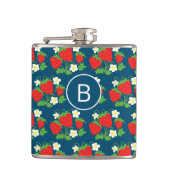 Strawberry and Flower Blue Pattern Monogrammed Flachmann (Vorderseite)