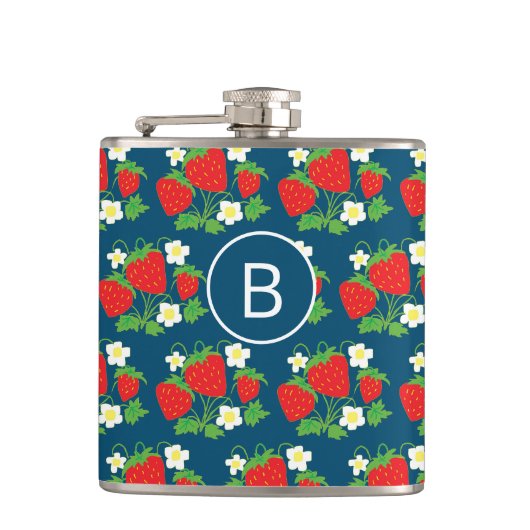 Strawberry and Flower Blue Pattern Monogrammed Flachmann (Vorderseite)