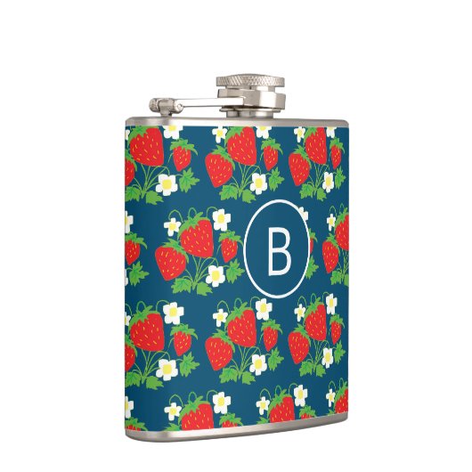 Strawberry and Flower Blue Pattern Monogrammed Flachmann (Rechts)