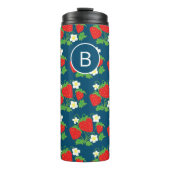 Strawberry and Flower Blue Pattern Monogrammed Thermosbecher (Vorderseite)