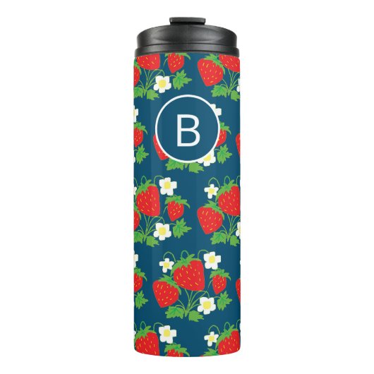 Strawberry and Flower Blue Pattern Monogrammed Thermosbecher (Vorderseite)