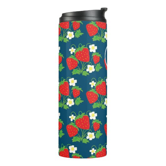 Strawberry and Flower Blue Pattern Monogrammed Thermosbecher (Nach links gedreht)