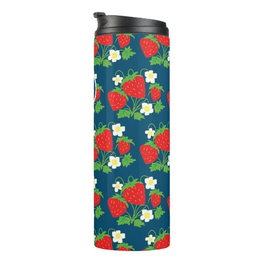 Strawberry and Flower Blue Pattern Monogrammed Thermosbecher (Nach rechts gedreht)