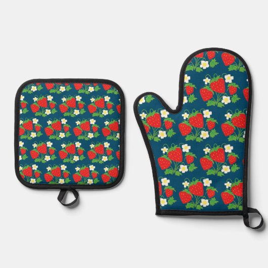 Strawberry and Flower Blue Pattern Ofenhandschuh & Topflappen-Set (Vorderseite)