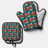 Strawberry and Flower Blue Pattern Ofenhandschuh & Topflappen-Set (Vorderseite/Rückseite)
