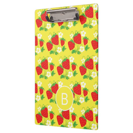 Strawberry and Flower Yellow Pattern Monogrammed Klemmbrett (Links)