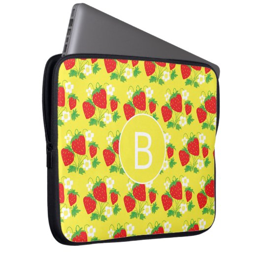Strawberry and Flower Yellow Pattern Monogrammed Laptopschutzhülle (Vorne Rechts)