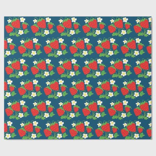 Strawberry and Flowers Pattern Blue Geschenkpapier (Flach)