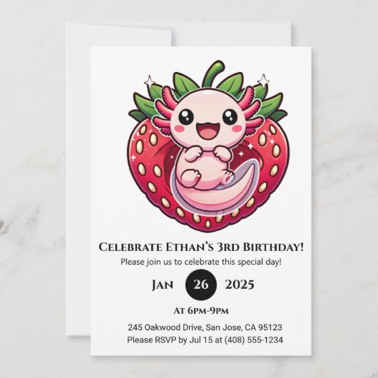 Strawberry Axolotl Joy Birthday Einladung (Vorderseite)