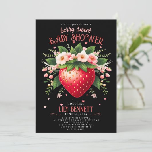 Strawberry Baby Dusche | Berry Sweet Einladung (Stehend Vorderseite)
