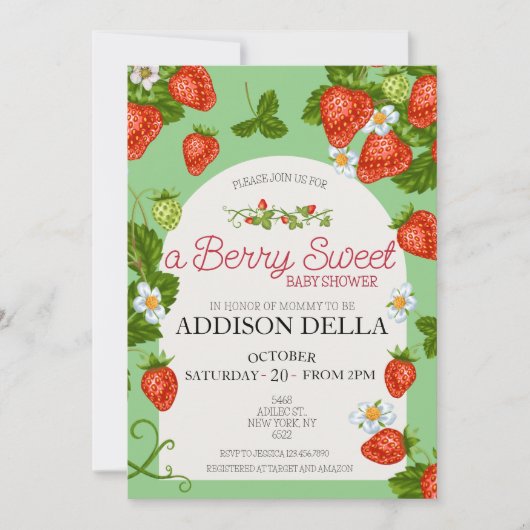 Strawberry Baby Dusche | Berry Sweet Einladung (Vorderseite)
