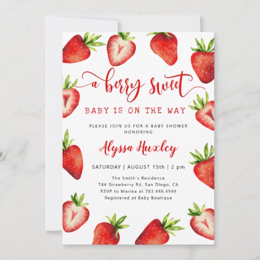 Strawberry Baby Dusche | Berry Sweet Einladung (Vorderseite)