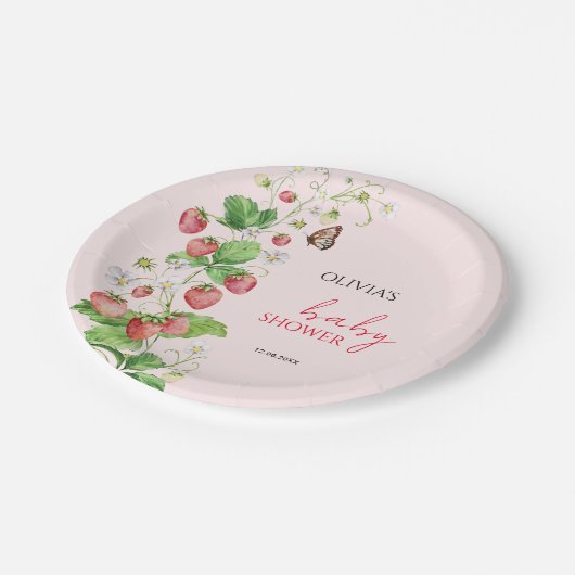 Strawberry Baby Dusche Pappteller (Schrägansicht)