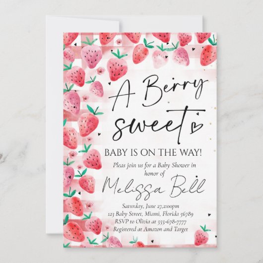 Strawberry Baby Shower Einladung Berry Sweet Baby (Vorderseite)