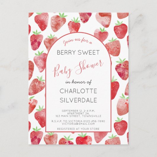 Strawberry Baby Shower Einladung Postkarte (Vorderseite)