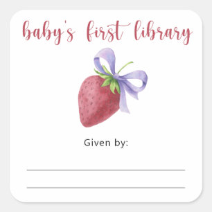 Strawberry Baby Shower Exlibris, Bücher fürs Baby Quadratischer Aufkleber