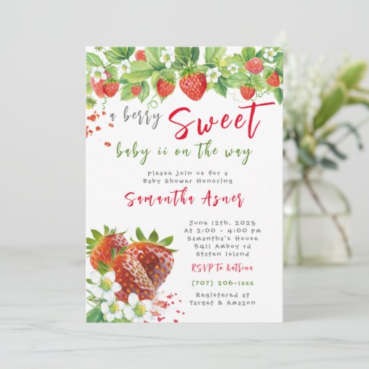 Strawberry Baby Shower Girl Einladung (Stehend Vorderseite)