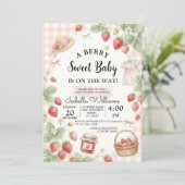 Strawberry baby shower Invite First Berry Sweet Einladung (Stehend Vorderseite)