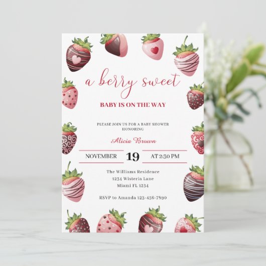 Strawberry Baby Shower Red Berry Sweet Einladung (Stehend Vorderseite)