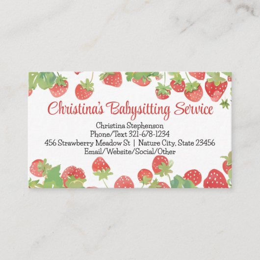 Strawberry Babysitter Daycare Childrens Preschool Visitenkarte (Vorderseite)