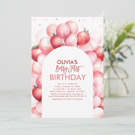 Strawberry Balloons Berry Erster Geburtstag Einladung (Stehend Vorderseite)