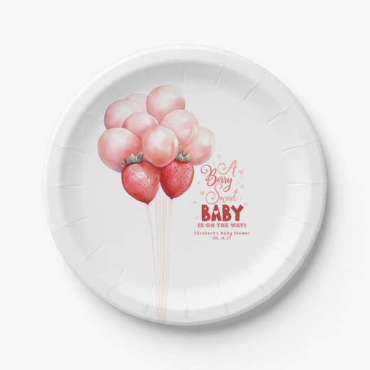 Strawberry Balloons Rot und Rosa Baby Dusche Pappteller (Vorderseite)